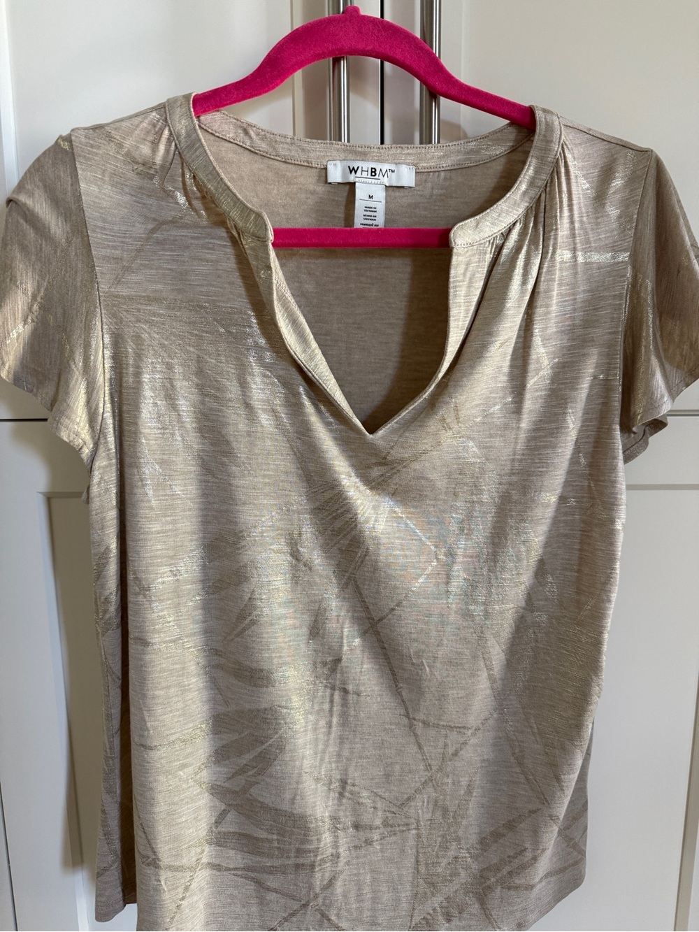 White House Black Market Metallic Taupe Short Sleeve V-Neck Tee
